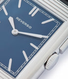 blue lacquer dial based on 1933 original Reverso by Jaeger-LeCoultre Boutique Edition steel preowned traveller wristwatch for sale at A Collected Man London