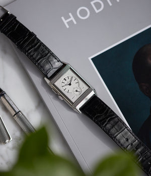 rare men's luxury watch 278.8.54 Jaeger-LeCoultre Grand Reverso Ultra-Thin Duoface Blue Boutique Edition steel preowned traveller dress watch