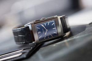 278.8.54 Jaeger-LeCoultre Grand Reverso Ultra-Thin Duoface Blue Boutique Edition steel preowned traveller dress watch