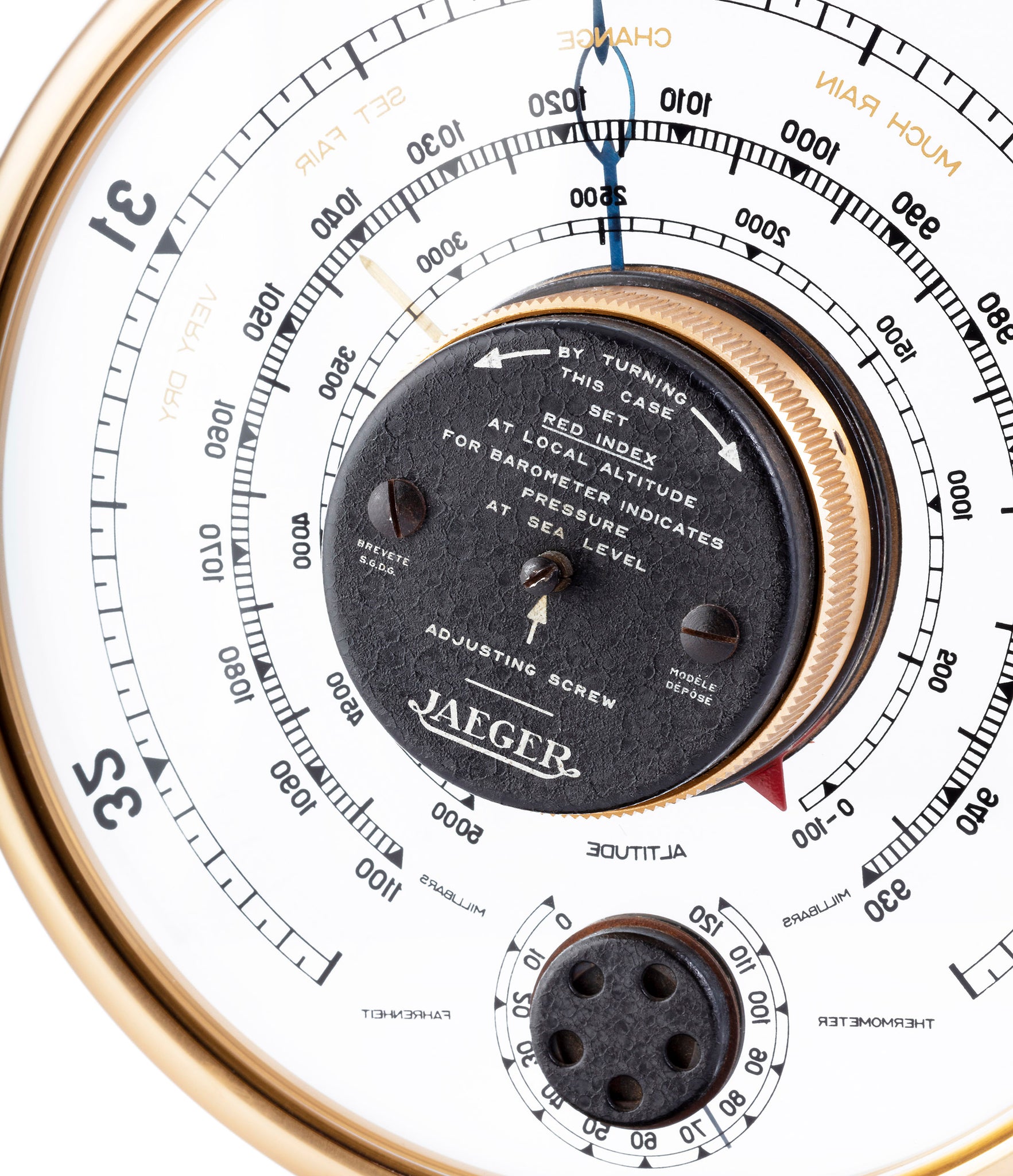 Detail shot of rare vintage collectable Jaeger Barometer with brass case available at A Collected Man London