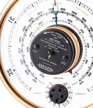 Detail shot of rare vintage collectable Jaeger Barometer with brass case available at A Collected Man London