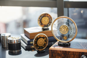 Rare vintage Jaeger Barometer with brass case available at A Collected Man London