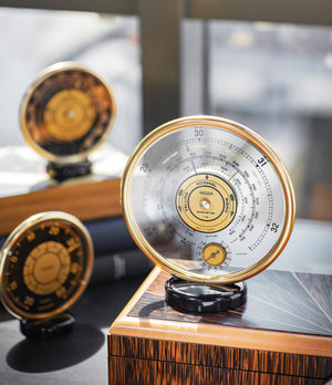 Rare vintage Jaeger Barometer with brass case available at A Collected Man London
