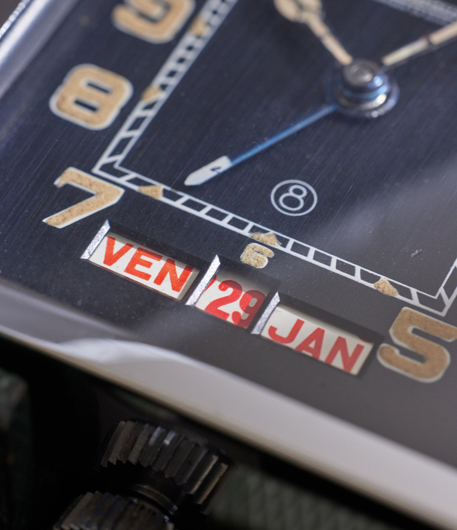Jaeger Le Coultre Ados Tripe Calendar  Macro Shot Of The Face Showing The Date And Month | Buy Collectable Clocks From A Collected  Man London