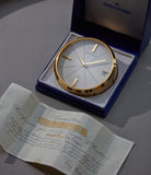 rare full set Jaeger-LeCoultre brass 8-day Date calendar desk clock with box & certificate at A Collected Man London