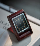 buy vintage Jaeger-LeCoultre travel alarm clock with black dial and brown case at A Collected Man London