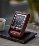 shop Jaeger-LeCoultre travel alarm clock with black dial and brown case at A Collected Man London