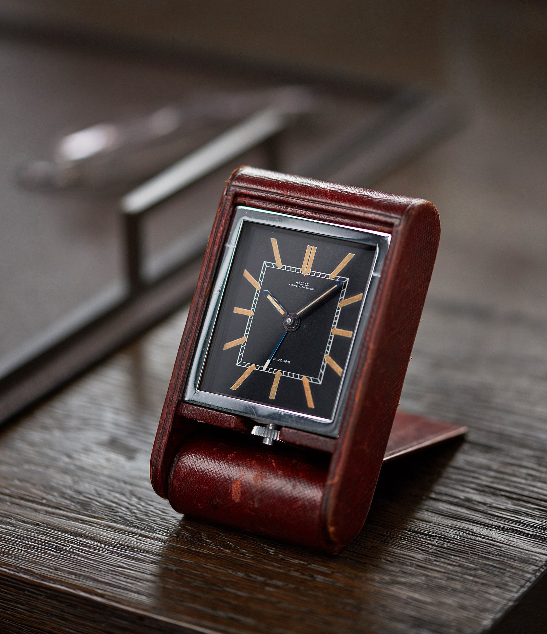 authentic vintage foldable Jaeger-LeCoultre travel alarm clock with black dial at A Collected Man London
