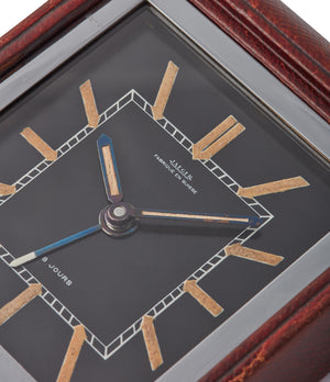 selling Jaeger-LeCoultre travel alarm clock with black dial and brown case at A Collected Man London