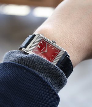 on the wrist Jaeger-LeCoultre Reverso 1931 Rouge red lacquer dial dress watch online at a Collected Man London