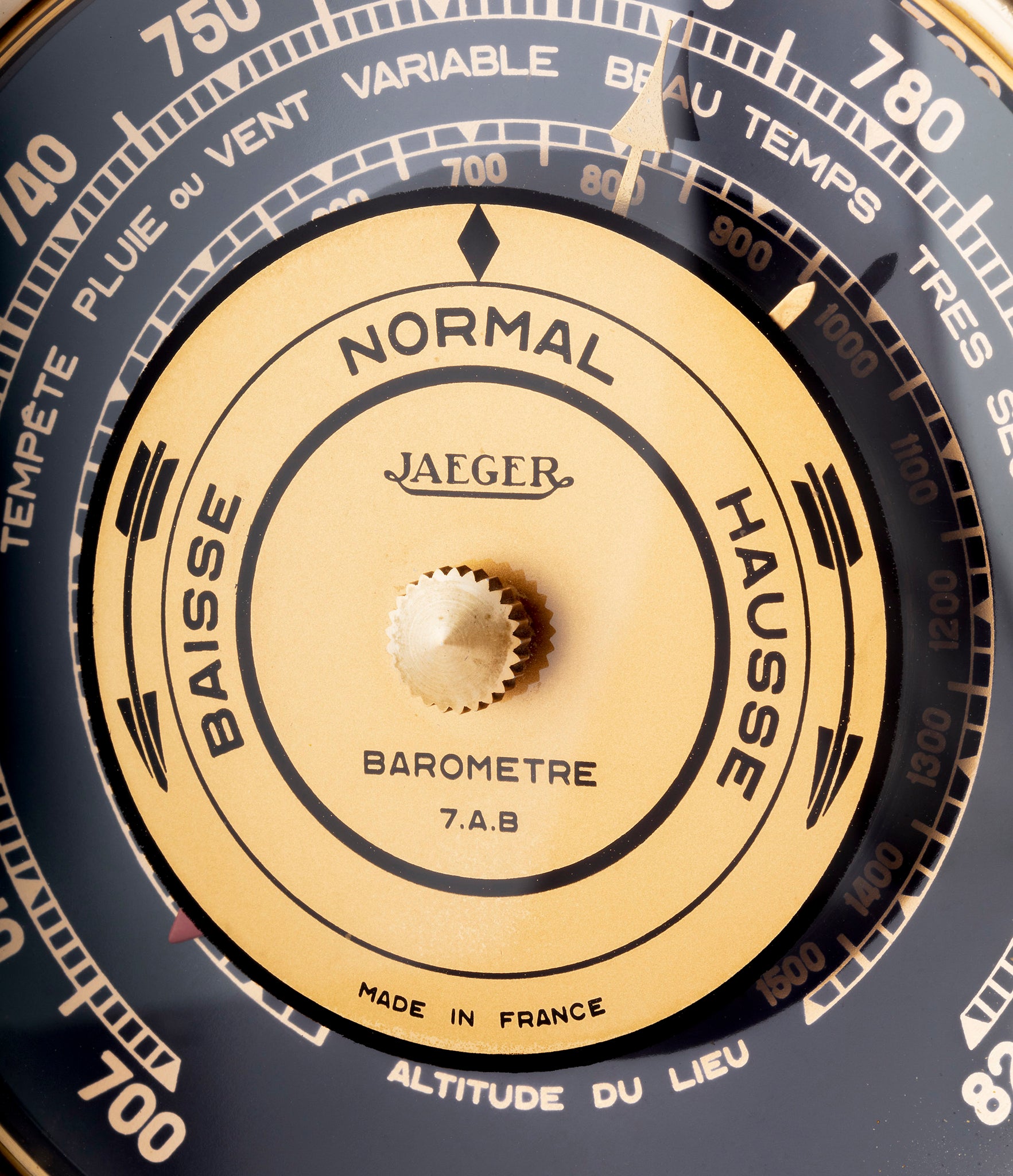 Detail shot of vintage collectable Jaeger barometer available to buy at A Collected Man London