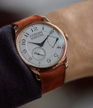 on the wrist F. P. Journe Chronometre Souverain CS.RG.38 rose gold silver dial watch for sale online at A Collected Man London UK specialist of rare watches
