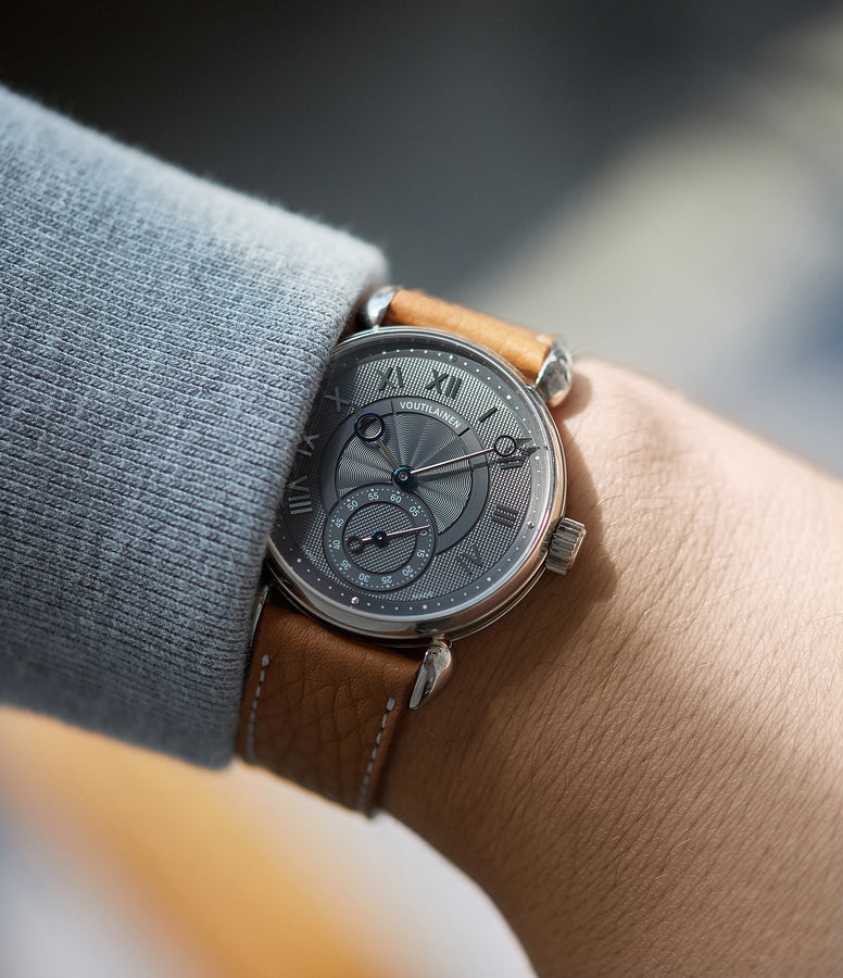 hands-on Voutilainen Observatoire grey guilloche dial rare watch by independent watchmaker for sale online at A Collected Man London approved re-seller of Voutilainen watches