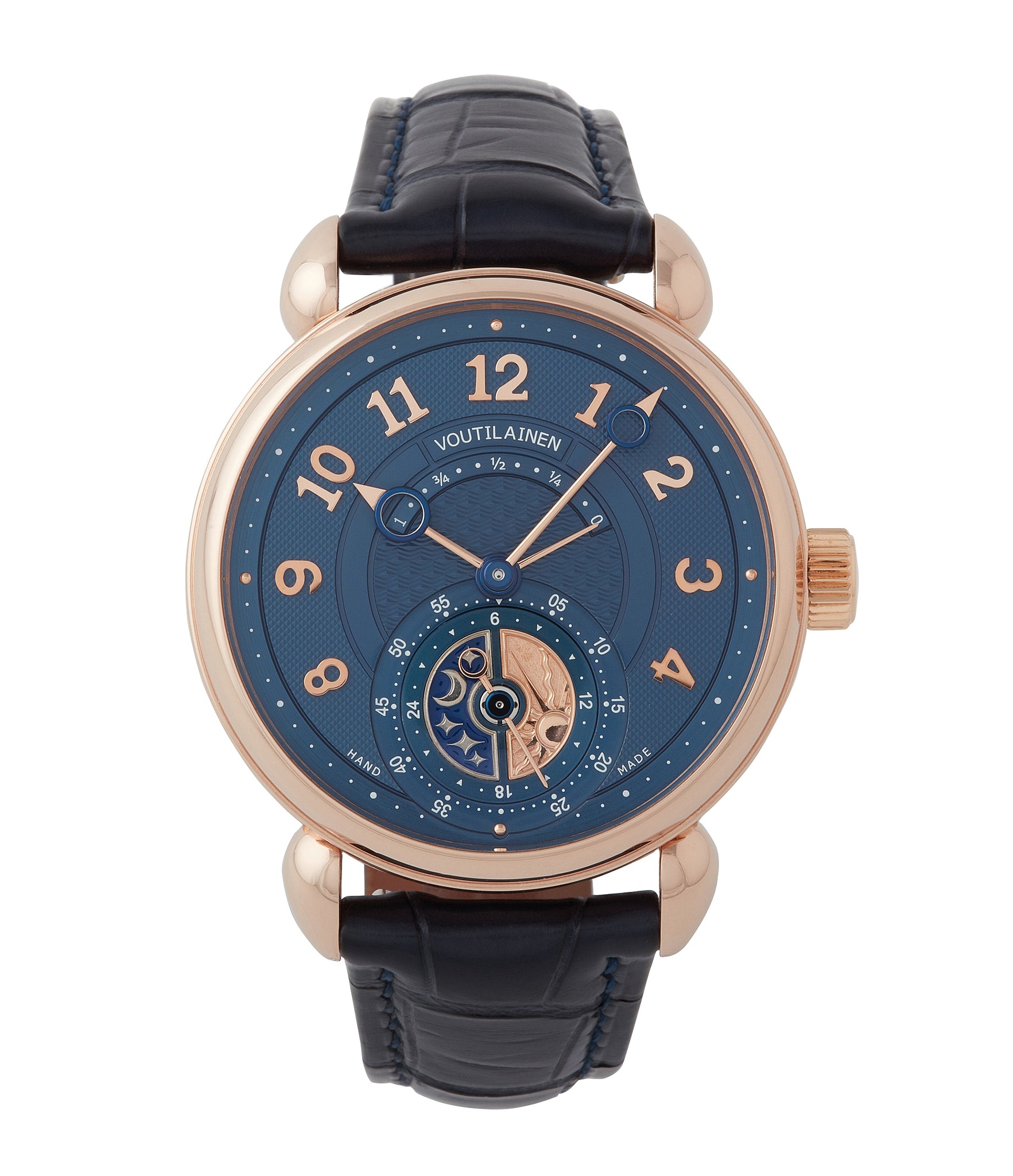buy Voutilainen unique piece GMT power reserve rose gold dress watch blue dial for sale online at A Collected Man London UK specialist of rare watches