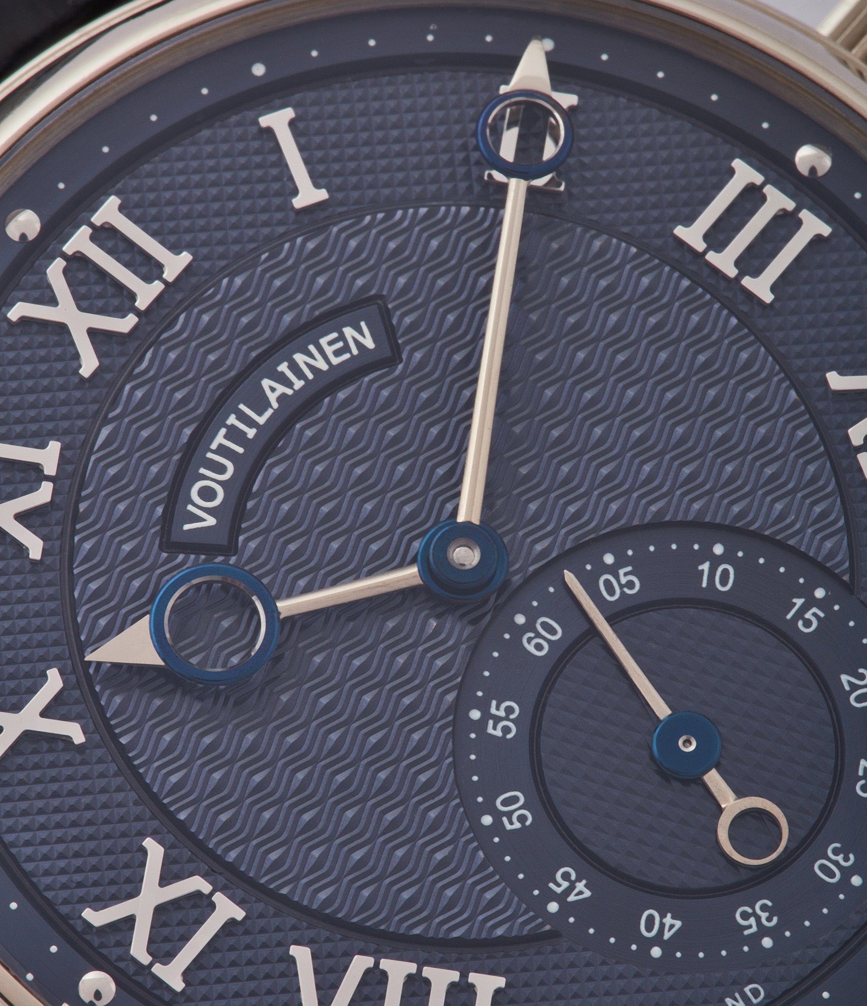 blue dial Voutilainen watch Vingt-8 000 Cal. 28 white gold watch at A Collected Man London approved re-seller of independent watchmakers