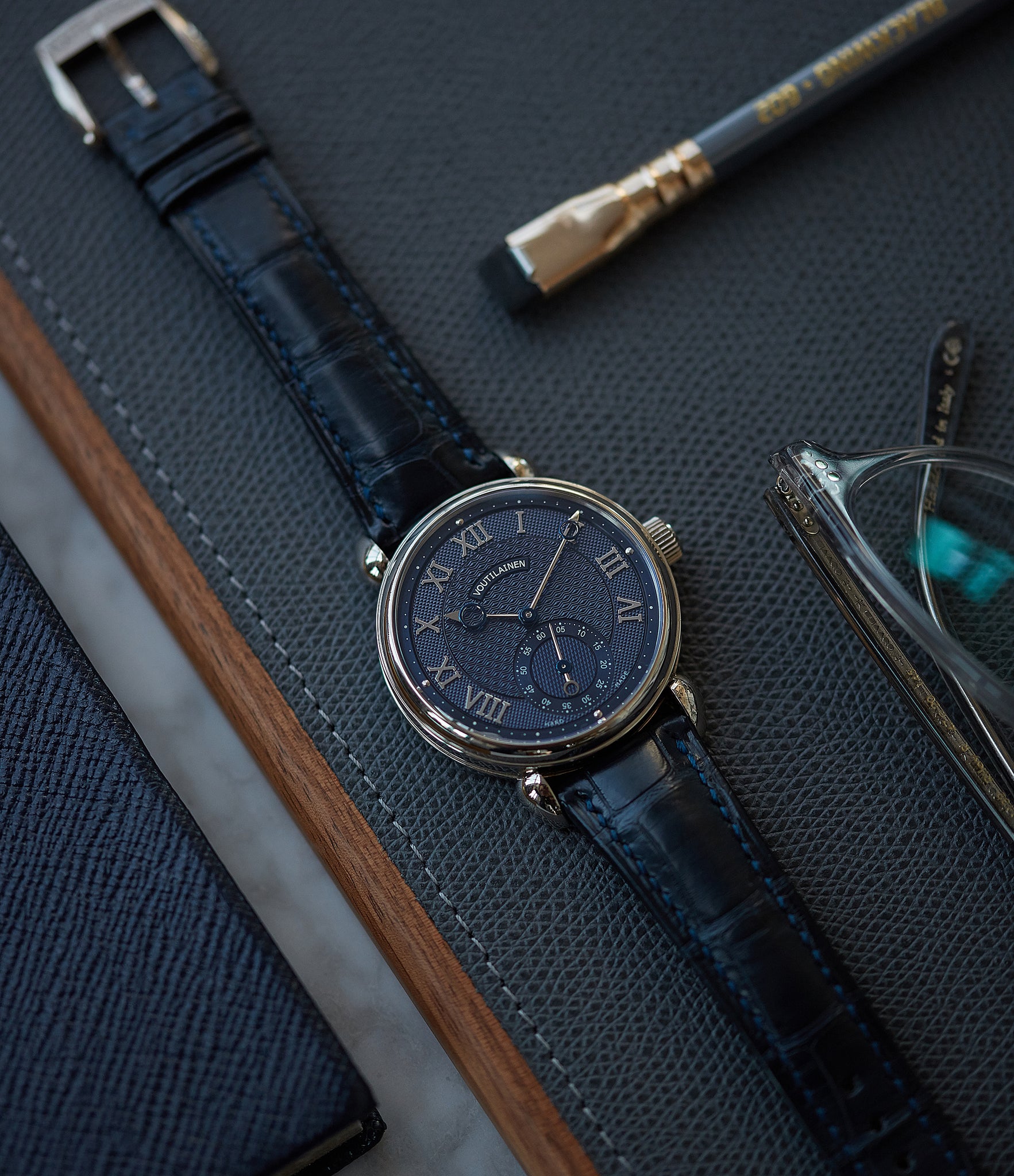 Voutilainen first Vingt-8 000 Cal. 28 blue dial white gold watch at A Collected Man London approved re-seller of independent watchmakers