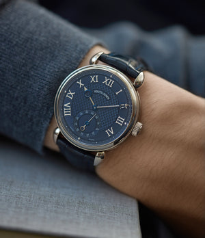 on the wrist Kari Voutilainen's first-ever pre-series Vingt-8 Cal. 28 blue dial white gold watch at A Collected Man London approved re-seller of independent watchmakers