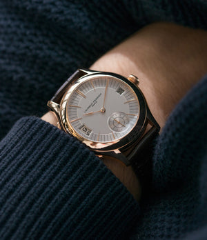 on the wrist Laurent Ferrier Galet Traveller Micro Rotor LF 230.01 rose gold watch additional prototype dial for sale online at A Collected Man London UK approved reseller of preowned independent watchmakers