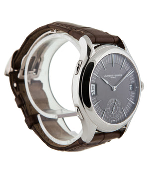 prototype Laurent Ferrier Galet Traveller LCF 007-AC unique stainless steel automatic Cal. LF 230.01 authentic pre-owned rare luxury dress watch from 2013 with solid silver dial and applied 18K white gold indexes dial side shot