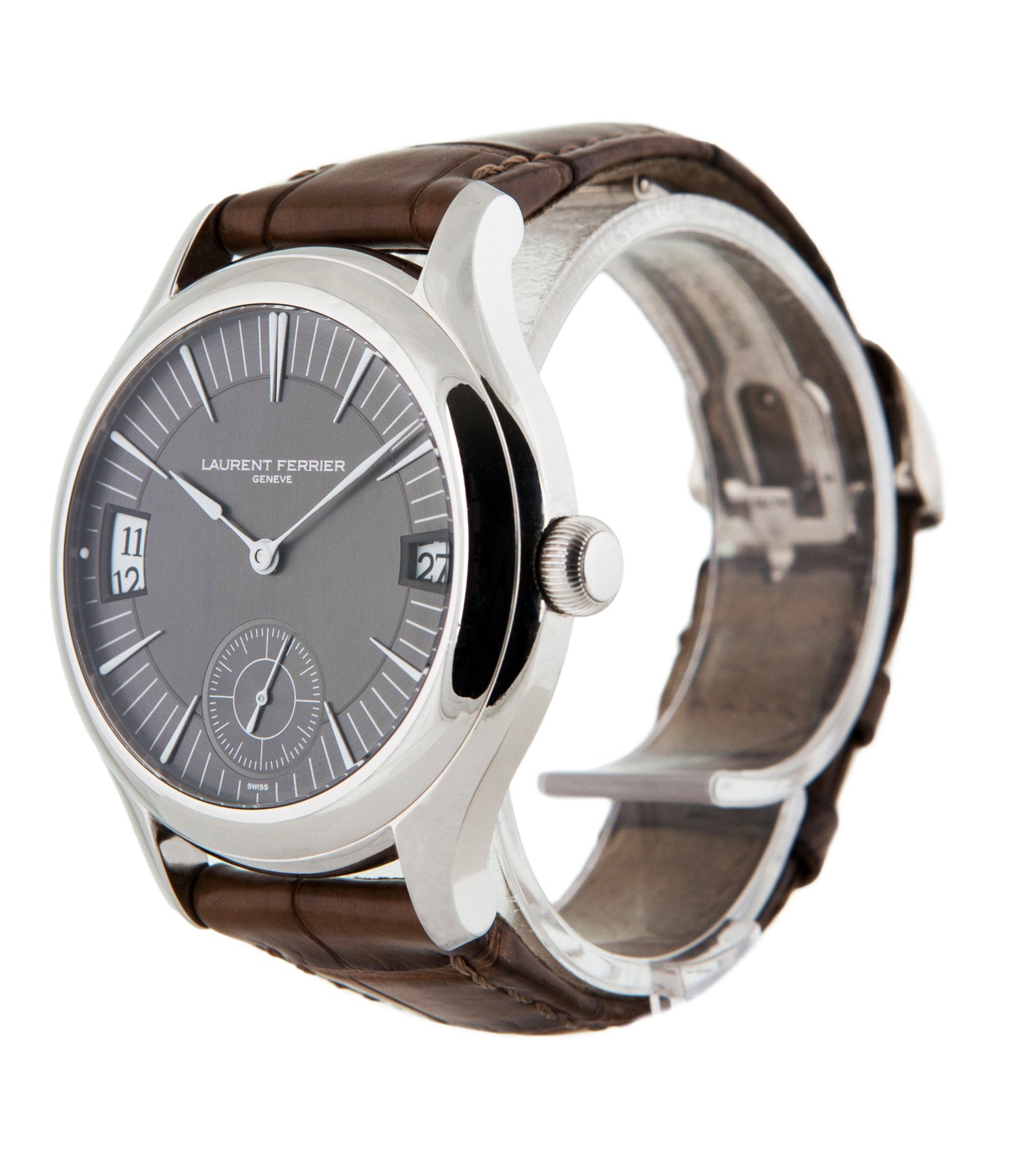 prototype Laurent Ferrier Galet Traveller LCF 007-AC unique stainless steel automatic Cal. LF 230.01 authentic pre-owned rare luxury dress watch from 2013 with solid silver dial and applied 18K white gold indexes dial side shot