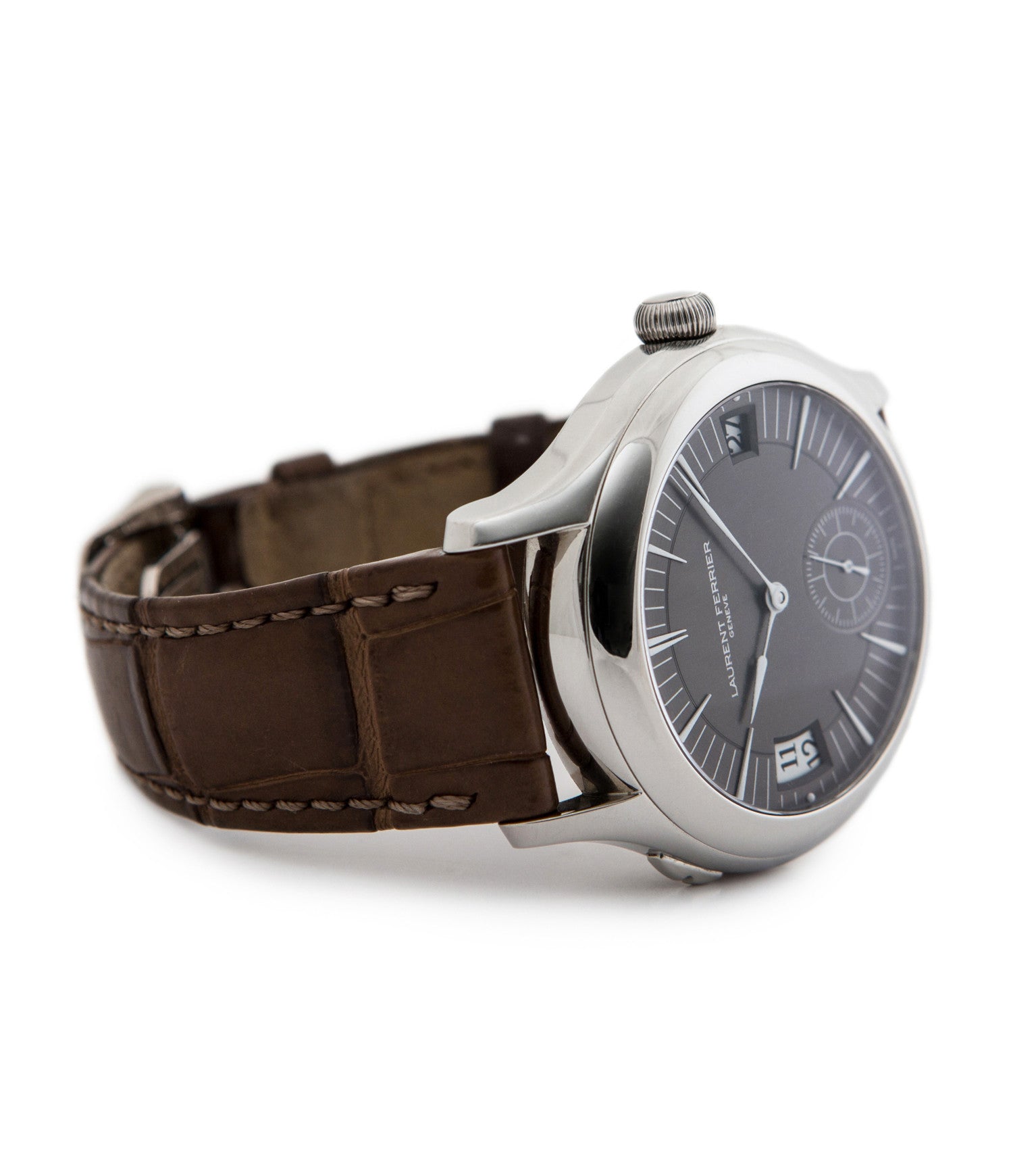 prototype Laurent Ferrier Galet Traveller LCF 007-AC unique stainless steel automatic Cal. LF 230.01 authentic pre-owned rare luxury dress watch from 2013 with solid silver dial and applied 18K white gold indexes dial left side shot