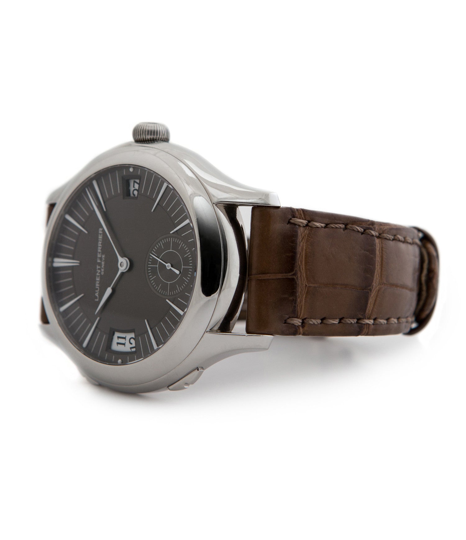 prototype Laurent Ferrier Galet Traveller LCF 007-AC unique stainless steel automatic Cal. LF 230.01 authentic pre-owned rare luxury dress watch from 2013 with solid silver dial and applied 18K white gold indexes dial right side shot