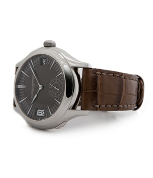 prototype Laurent Ferrier Galet Traveller LCF 007-AC unique stainless steel automatic Cal. LF 230.01 authentic pre-owned rare luxury dress watch from 2013 with solid silver dial and applied 18K white gold indexes dial right side shot