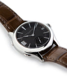 prototype Laurent Ferrier Galet Traveller LCF 007-AC unique stainless steel automatic Cal. LF 230.01 authentic pre-owned rare luxury dress watch from 2013 with solid silver dial and applied 18K white gold indexes dial and brown alligator strap with date, gmt, chronometer, hours, minutes, sub-seconds