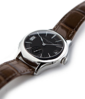prototype Laurent Ferrier Galet Traveller LCF 007-AC unique stainless steel automatic Cal. LF 230.01 authentic pre-owned rare luxury dress watch from 2013 with solid silver dial and applied 18K white gold indexes dial and brown alligator strap with date, gmt, chronometer, hours, minutes, sub-seconds