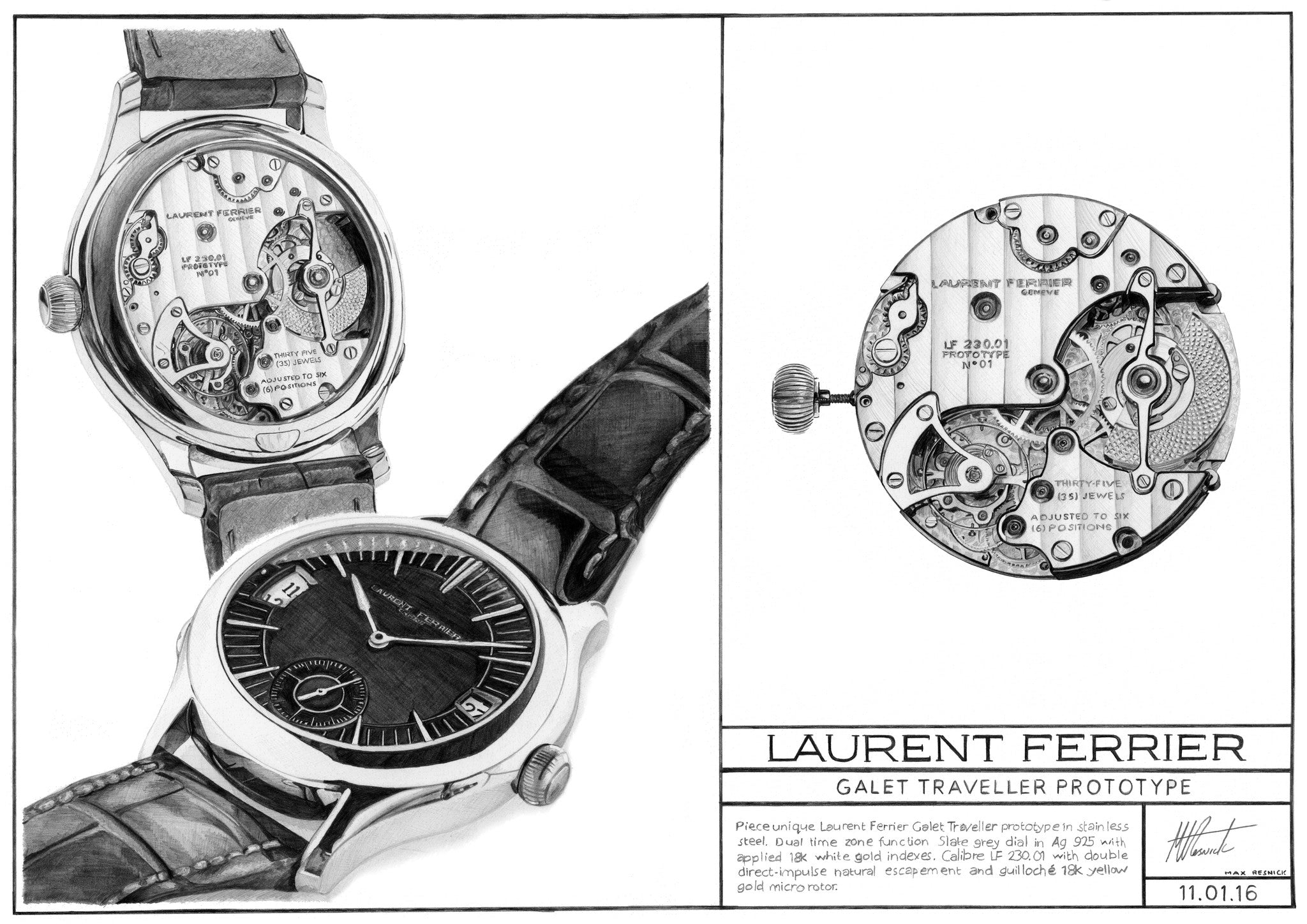 prototype Laurent Ferrier Galet Traveller LCF 007-AC unique stainless steel automatic micro rotor Cal. LF 230.01 authentic pre-owned rare luxury dress watch from 2013 graphite drawing