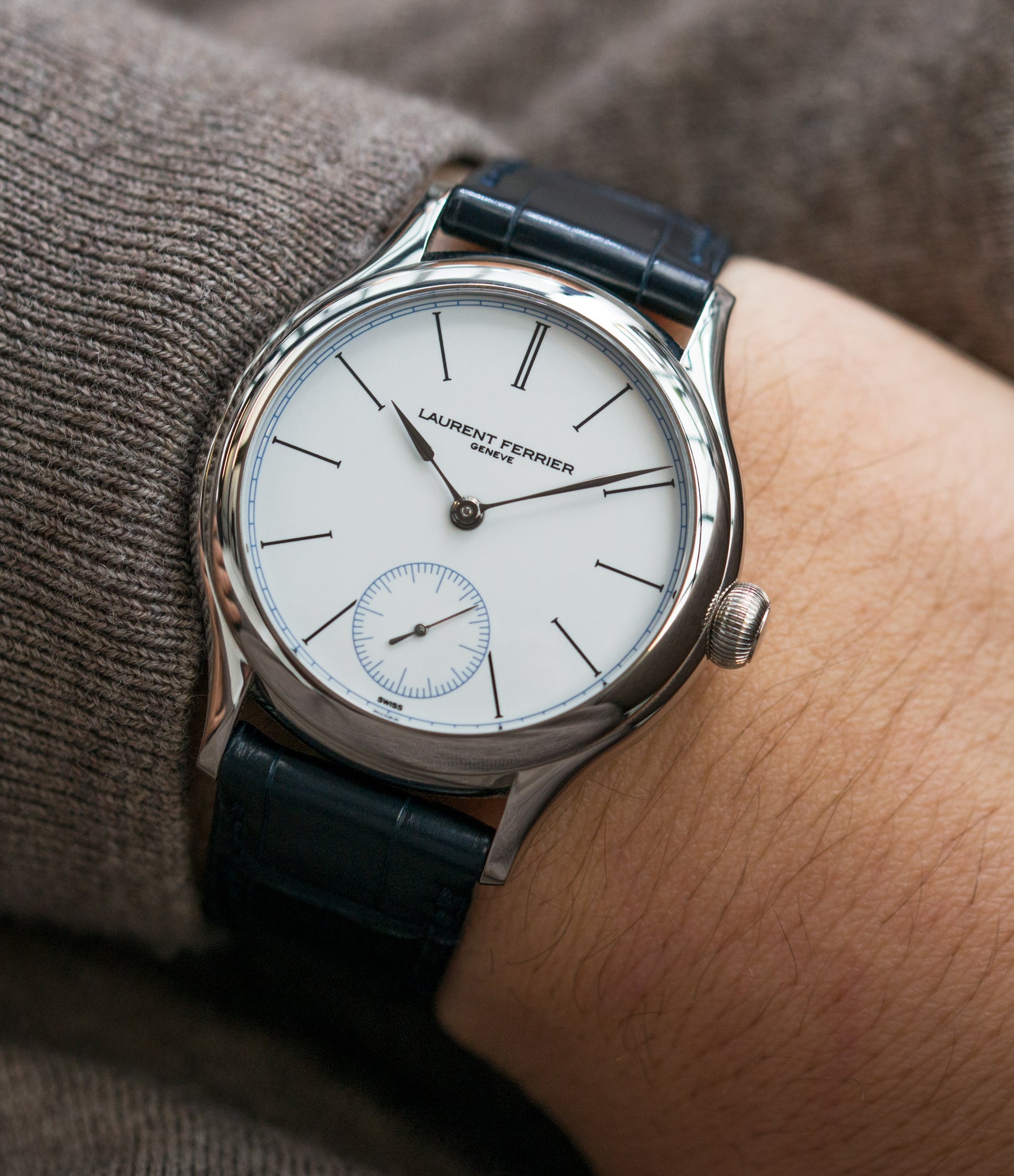 on the wrist Laurent Ferrier Galet Micro-Rotor FBN 230.02 Enamel dial steel watch for sale online at A Collected Man London UK approved seller of independent watchmaker Laurent Ferrier
