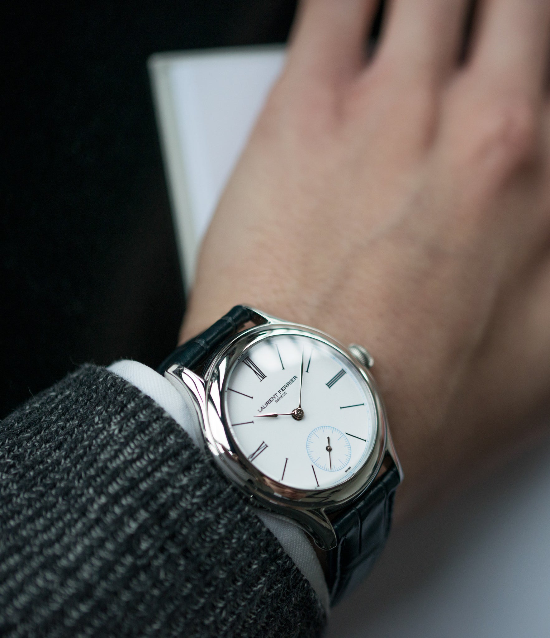 time-only independent watchmaker Laurent Ferrier Galet Micro-rotor LCF006 platinum enamel dial limited edition watch for sale online at A Collected Man London specialist independent watchmakers