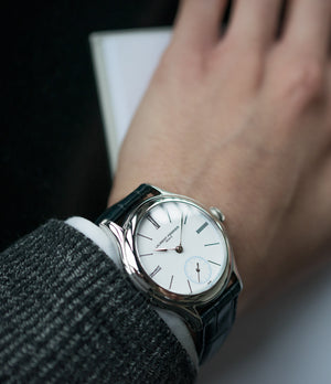 time-only independent watchmaker Laurent Ferrier Galet Micro-rotor LCF006 platinum enamel dial limited edition watch for sale online at A Collected Man London specialist independent watchmakers