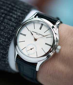 on the wrist Laurent Ferrier Galet Micro-rotor LCF006 platinum enamel dial limited edition watch for sale online at A Collected Man London specialist independent watchmakers