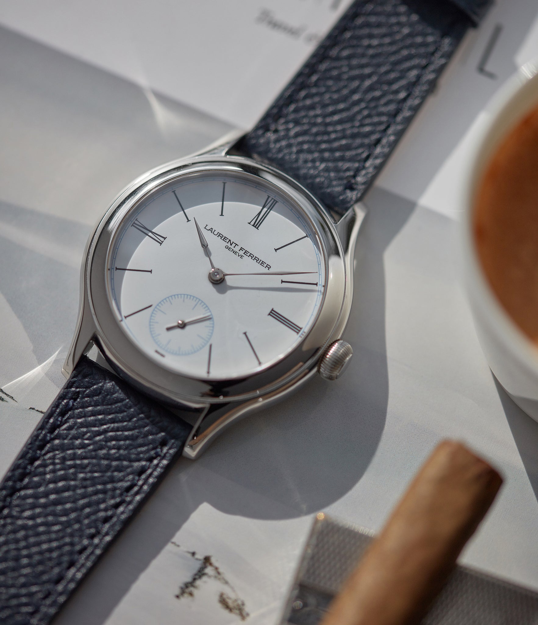 Limited Edition Laurent Ferrier Galet Micro-rotor platinum white enamel dial dress watch sale A Collected Man London UK specialist of independent watchmakers