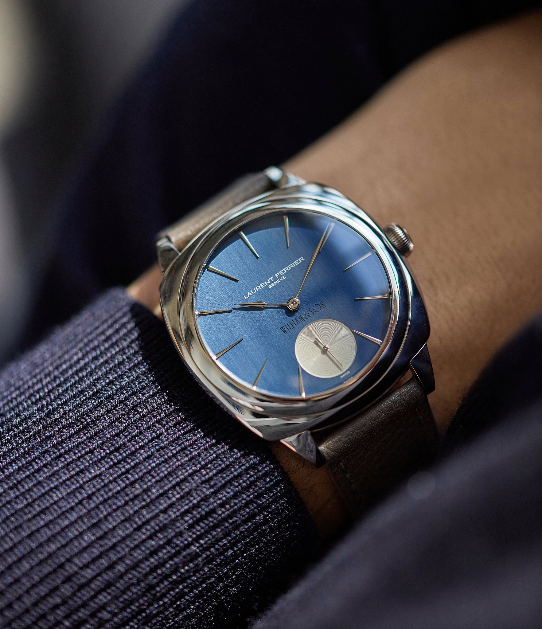 on the wrist Laurent Ferrier Micro Rotor LF 229.01 Galet Square William&Son blue dial white gold watch online at A Collected Man London approved seller of preowned independent watchmakers