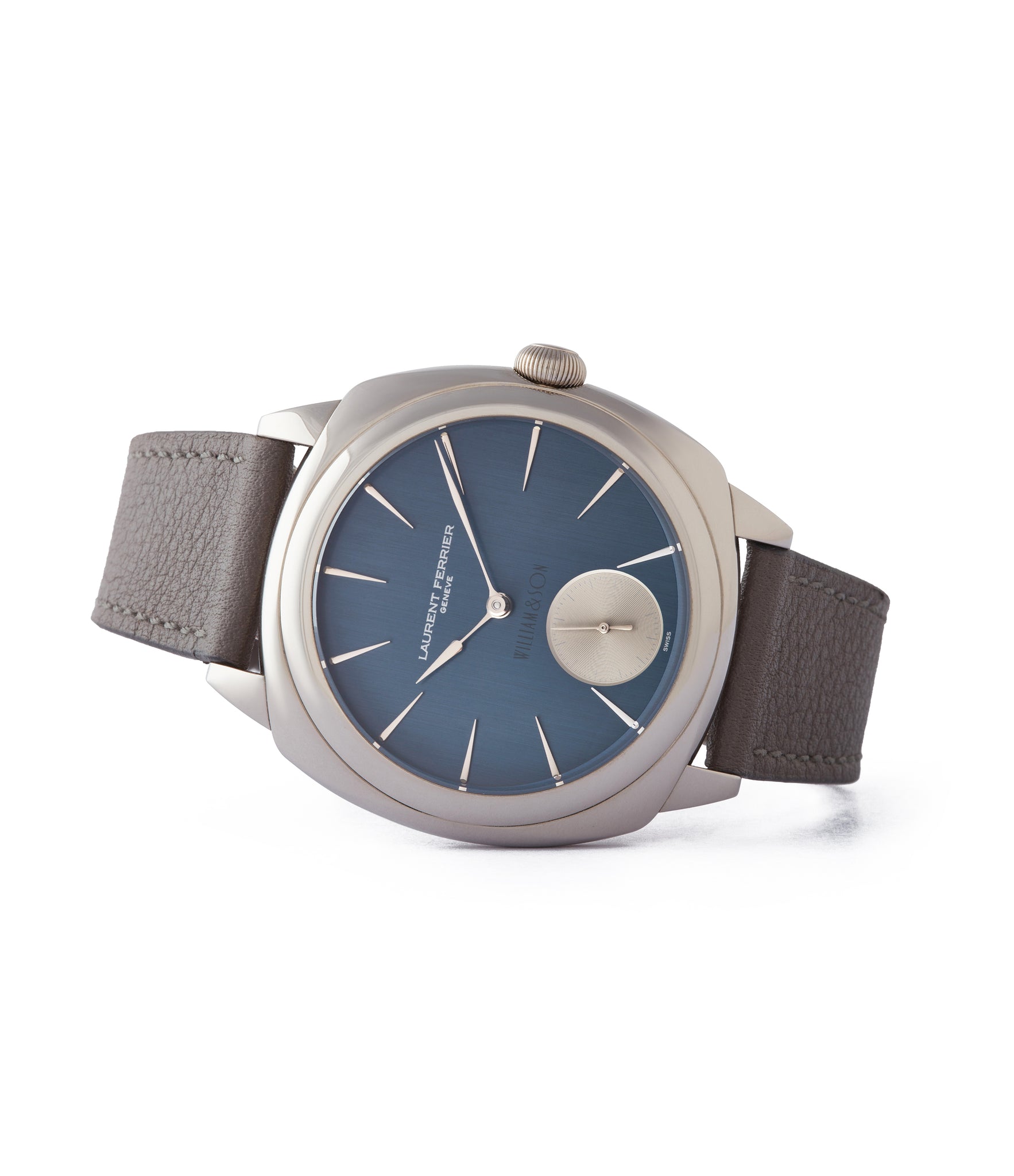 side-shot wirstwatch Laurent Ferrier Micro Rotor LF 229.01 Galet Square William&Son blue dial white gold watch online at A Collected Man London approved seller of preowned independent watchmakers