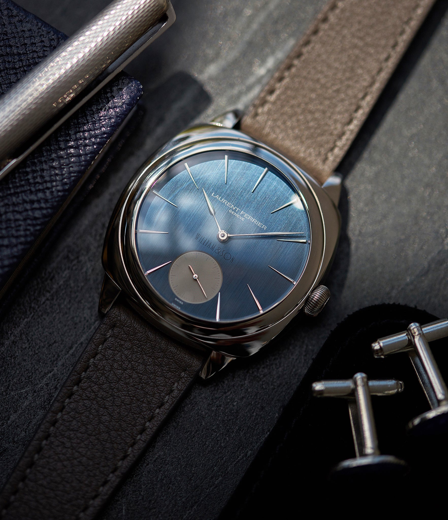 luxury dress watch Laurent Ferrier Micro Rotor LF 229.01 Galet Square William&Son blue dial white gold watch online at A Collected Man London approved seller of preowned independent watchmakers