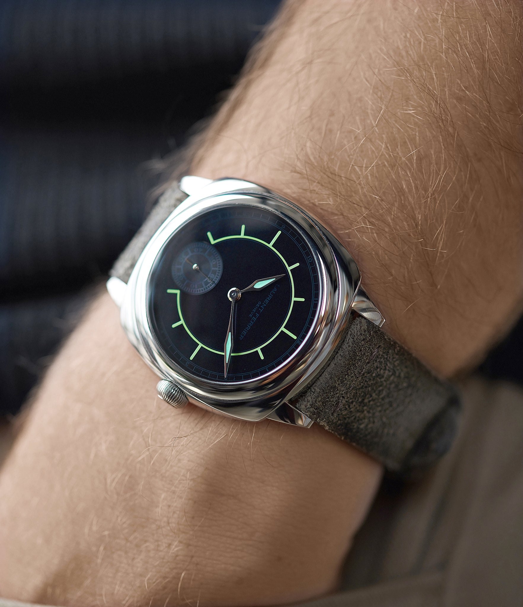 on the wrist Laurent Ferrier Galet Square Boreal Micro-rotor steel sector dial watch by independent watchmaker for sale online at A Collected Man London UK specialist of rare watches