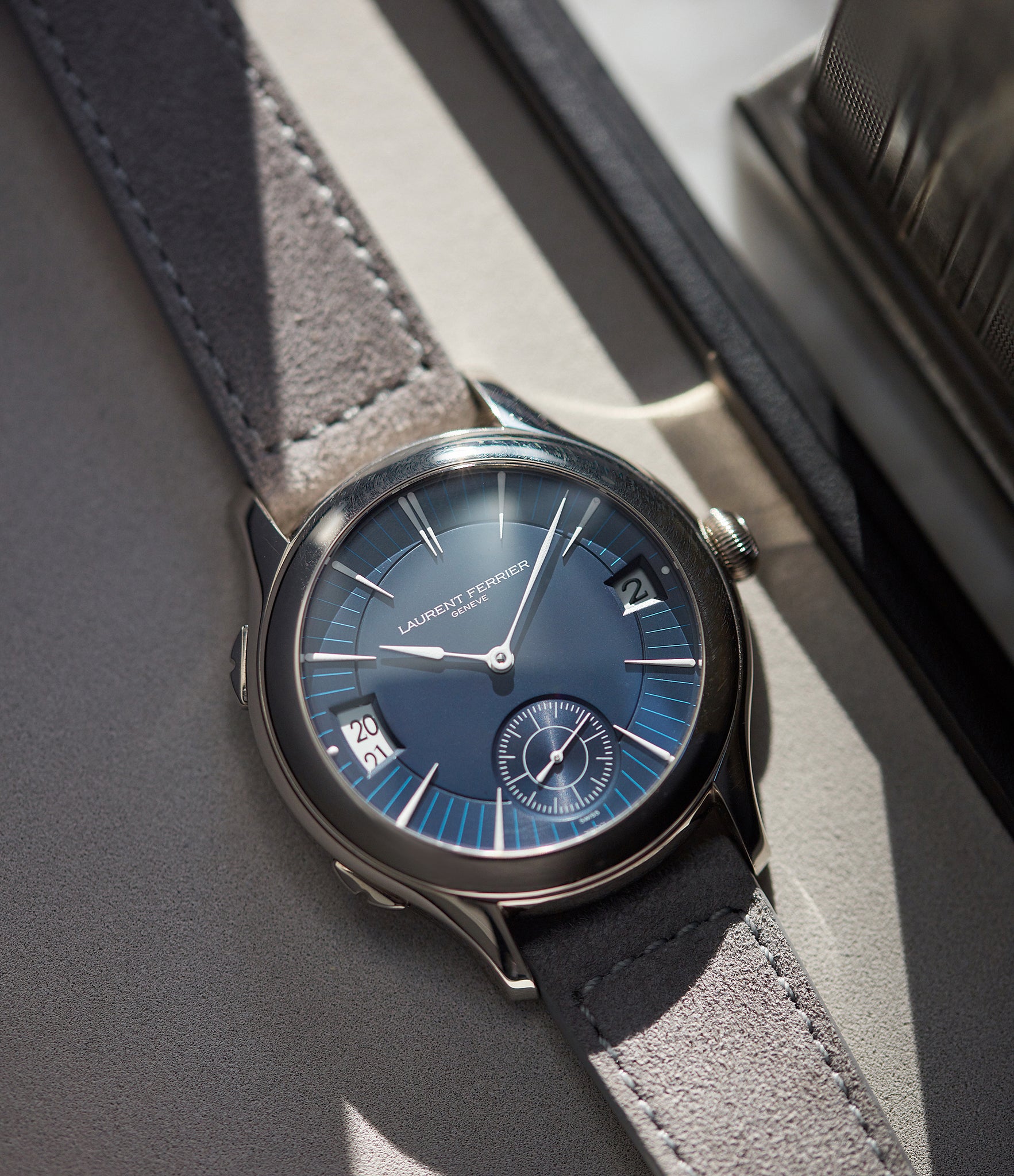 Buy Oslo Molequin watch strap Laurent Ferrier light grey suede leather quick-release springbars buckle handcrafted European-made for sale online at A Collected Man London