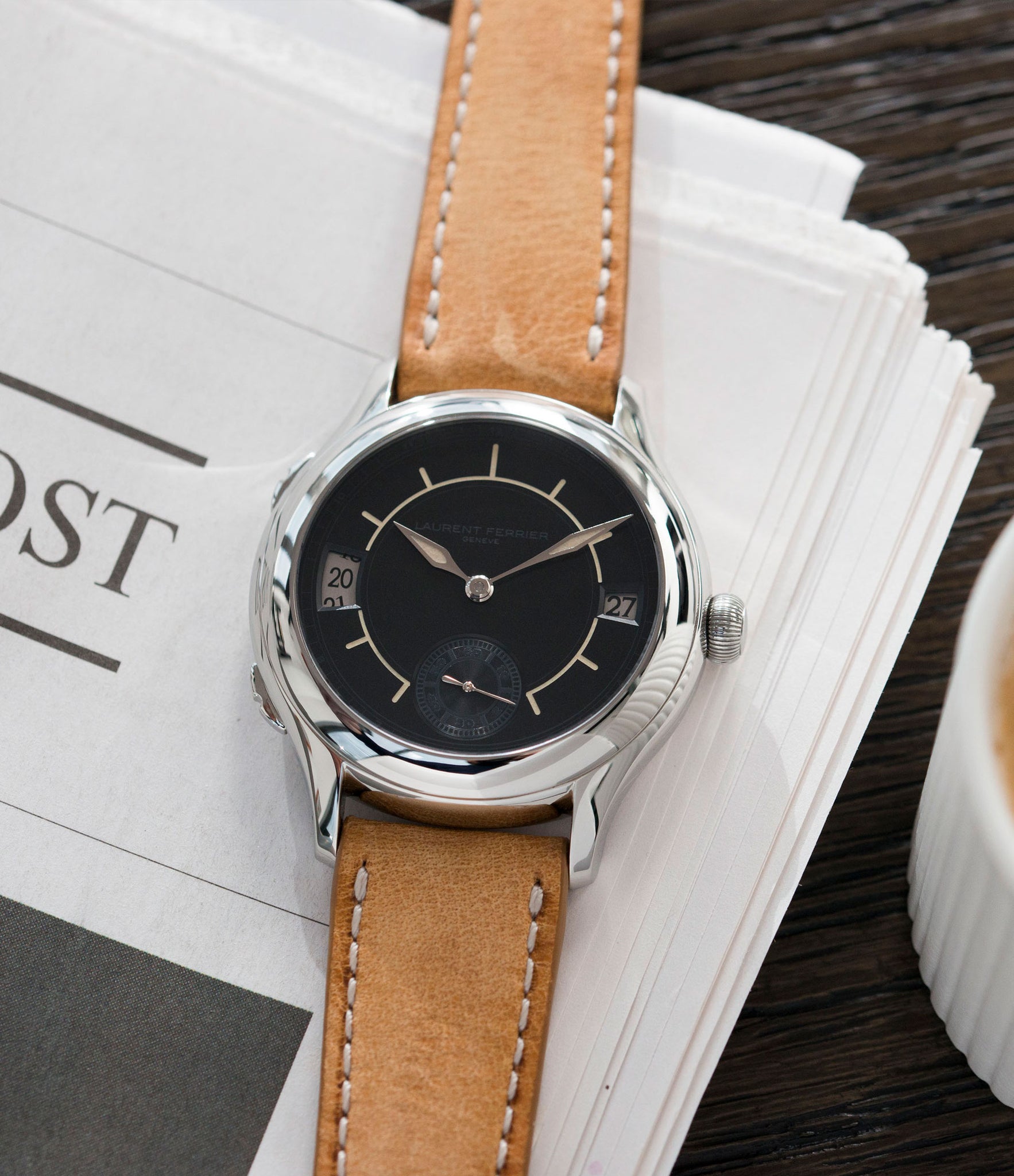 selling Laurent Ferrier Galet Traveller Boreal steel dual-timezone black dial dress watch for sale online at A Collected Man London approved seller of pre-owned Laurent Ferrier independent watchmakers