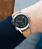 on the wrist Laurent Ferrier Galet Traveller Boreal steel dual-timezone black dial dress watch for sale online at A Collected Man London approved seller of pre-owned Laurent Ferrier independent watchmakers