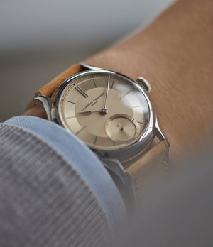 on the wrist Laurent Ferrier Galet Micro-rotor special commission steel champagne dial dress luxury watch for sale online at A Collected Man London UK specialist of rare watches