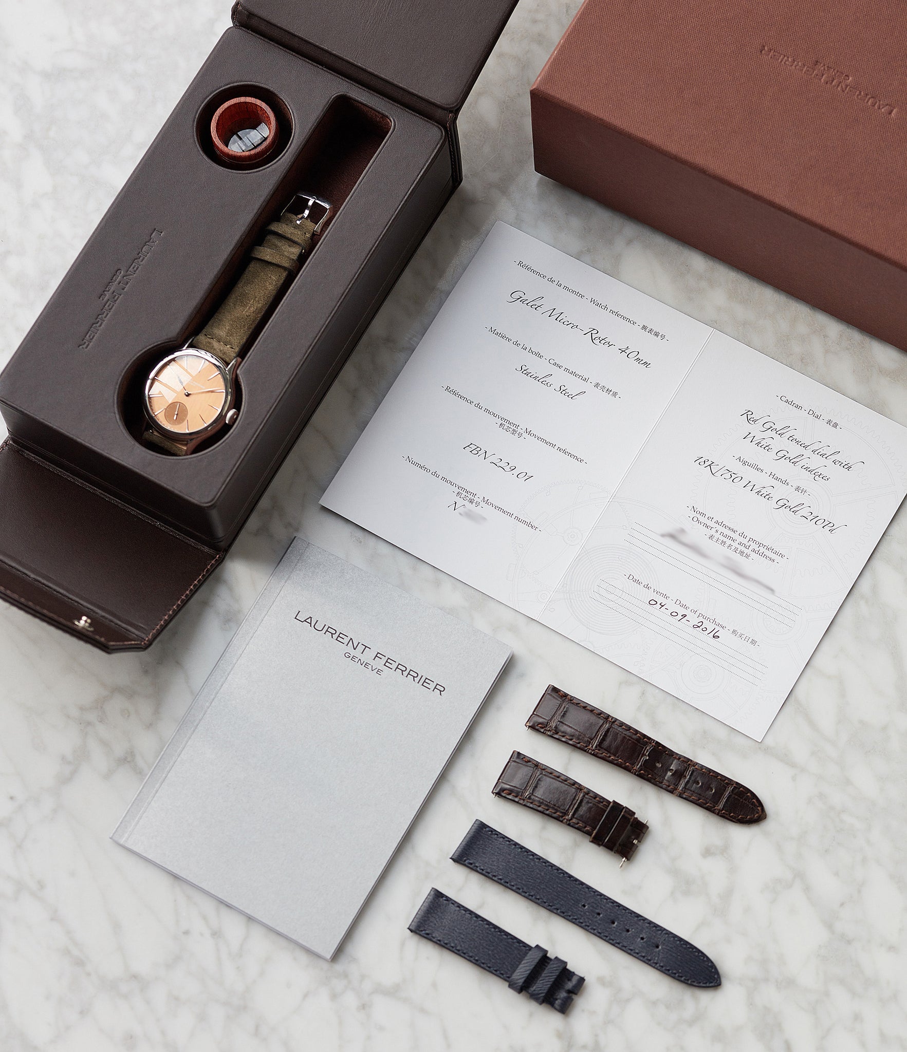 full set pre-owned Laurent Ferrier Galet Micro-rotor FBN 229.01 steel rare watch with pink salmon red gold dial for sale online at A Collected Man London approved re-seller of independent watchmakers
