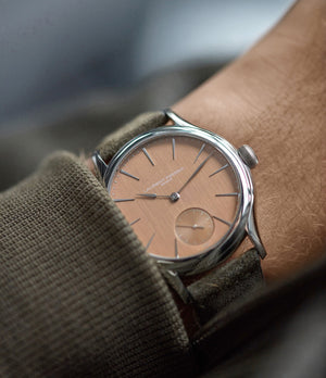 on the wrist Laurent Ferrier Galet Micro-rotor FBN 229.01 steel rare watch with pink salmon red gold dial for sale online at A Collected Man London approved re-seller of independent watchmakers