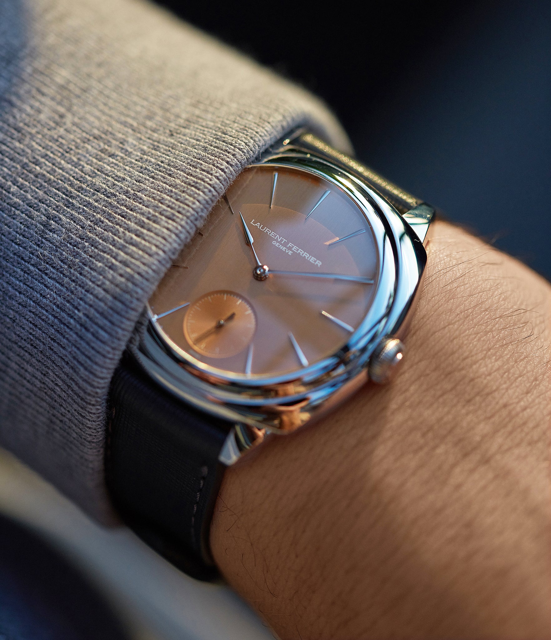 on the wrist Laurent Ferrier Galet Square Micro-rotor salmon dial steel pre-owned watch for sale online at A Collected Man London UK specialist of independent watchmakers