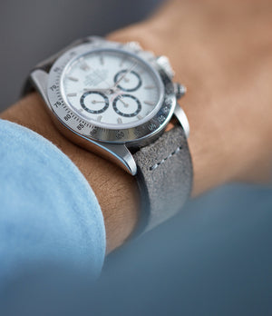 Buy rugged suede quality watch strap in drifting ash grey from A Collected Man London, in short or regular lengths. We are proud to offer these hand-crafted watch straps, thoughtfully made in Europe, to suit your watch. Available to order online for worldwide delivery.