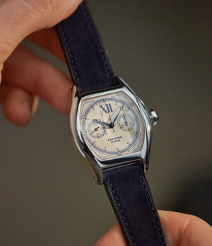 Selling Lisbon Molequin watch strap Cartier indigo blue nubuck leather quick-release springbars buckle handcrafted European-made for sale online at A Collected Man London
