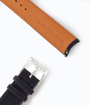Buy 20mm x 19mm Lisbon Molequin F. P. Journe curved watch strap indigo blue nubuck leather quick-release springbars buckle handcrafted European-made for sale online at A Collected Man London