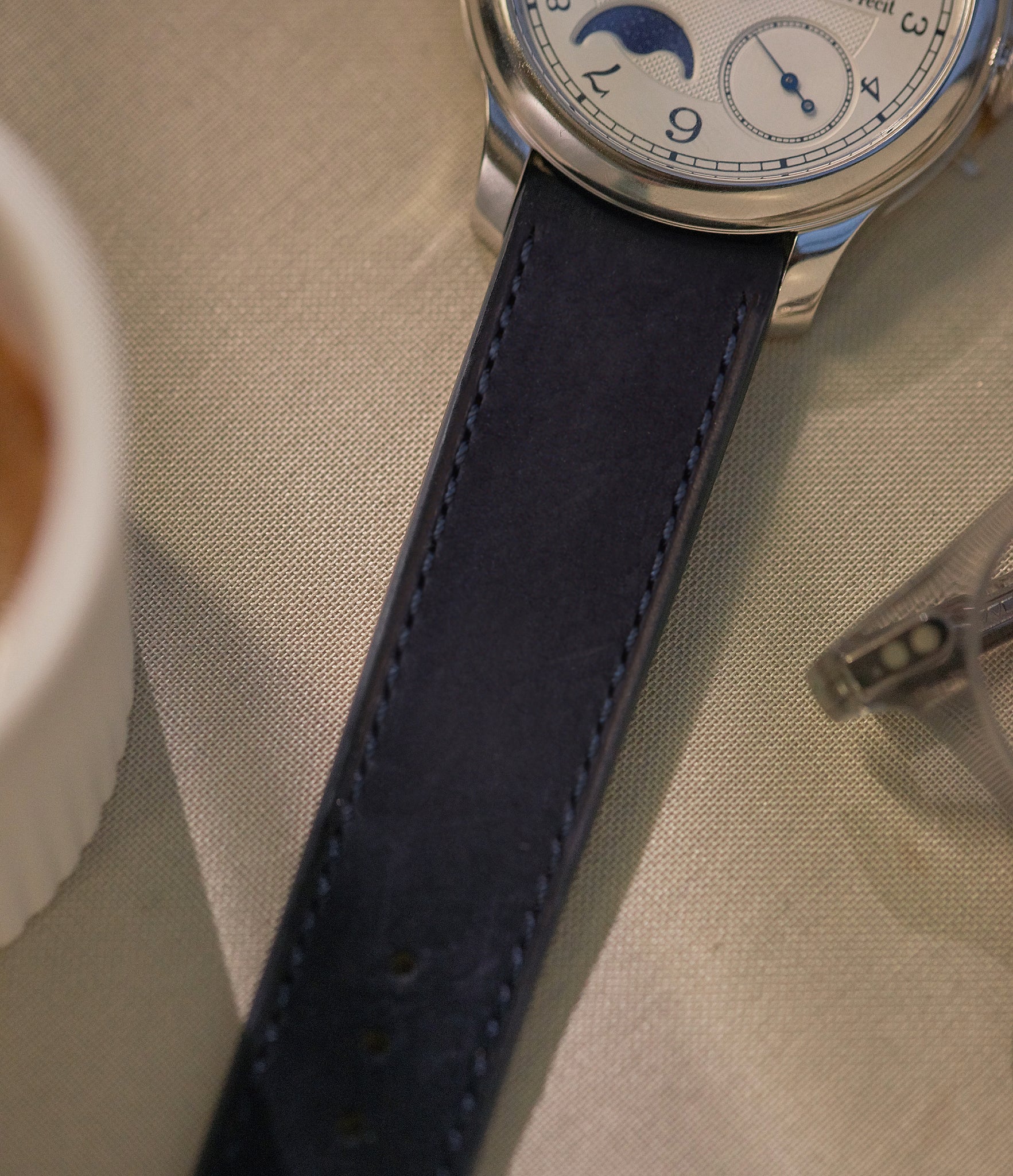 Buy 20mm x 19mm Lisbon Molequin F. P. Journe curved watch strap indigo blue nubuck leather quick-release springbars buckle handcrafted European-made for sale online at A Collected Man London